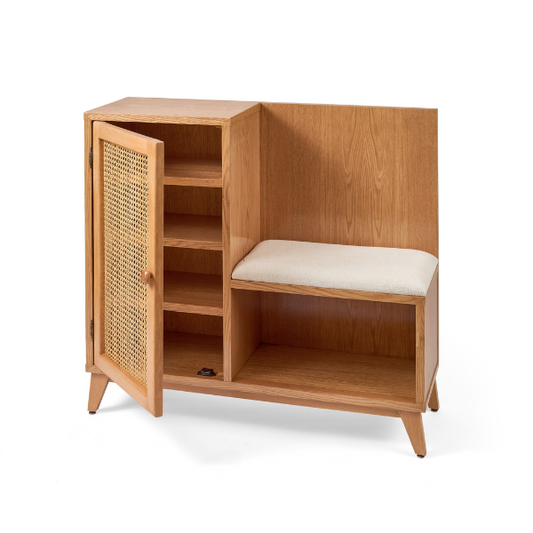 Wood & Rattan Shoe Storage with Cushion