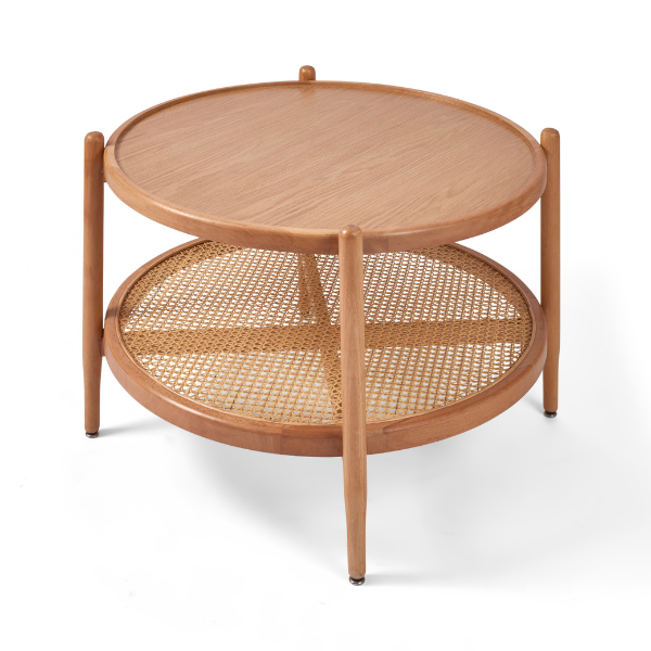 Round Beech Wood & Rattan Coffee Table
