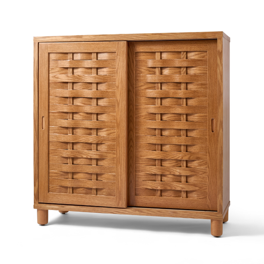 Natural Wood Shoe Storage with Sliding Doors