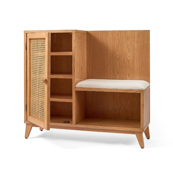 Wood & Rattan Shoe Storage with Cushion