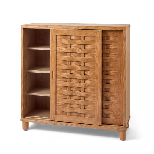 Natural Wood Shoe Storage with Sliding Doors