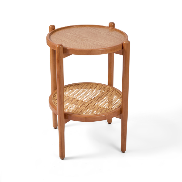 Round Beech Wood & Rattan Side Table