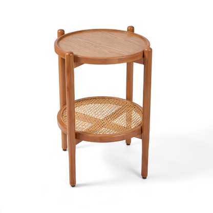 Round Beech Wood & Rattan Side Table