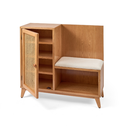 Wood & Rattan Shoe Storage with Cushion