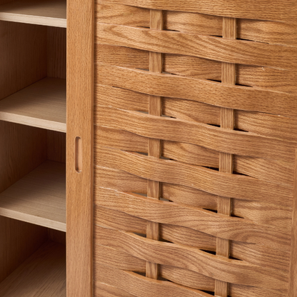 Natural Wood Shoe Storage with Sliding Doors