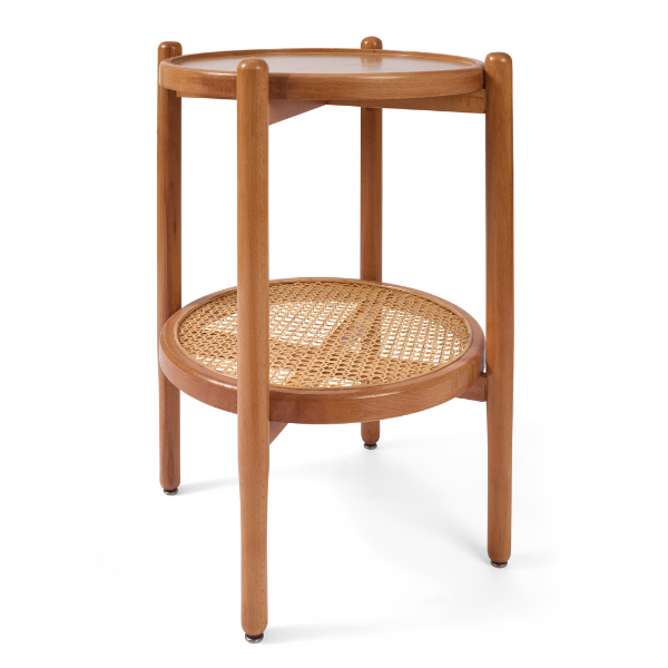 Round Beech Wood & Rattan Side Table