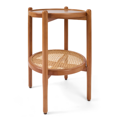 Round Beech Wood & Rattan Side Table
