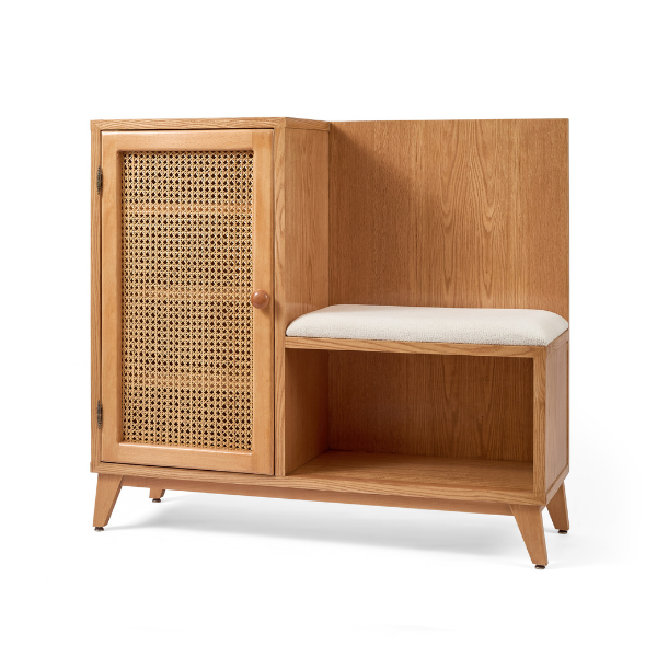 Wood & Rattan Shoe Storage with Cushion