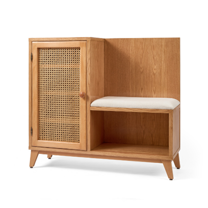 Wood & Rattan Shoe Storage with Cushion